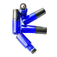 Glassflaske roll-on (rollerflaske) m/ sort innsats 5 ml koboltblå, 5-pakning