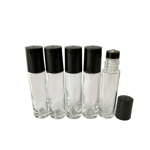 Glassflaske roll-on (rollerflaske) m/ sort innsats 10 ml, 5-pakning