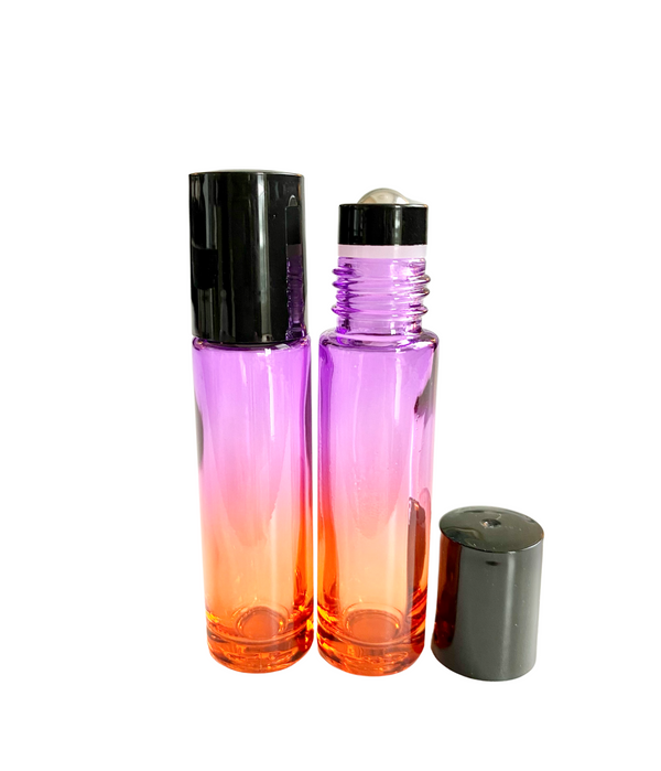 Glassflaske roll-on (rollerflaske) m/sort innsats 10 ml gradient lilla-oransje, 2-pakning