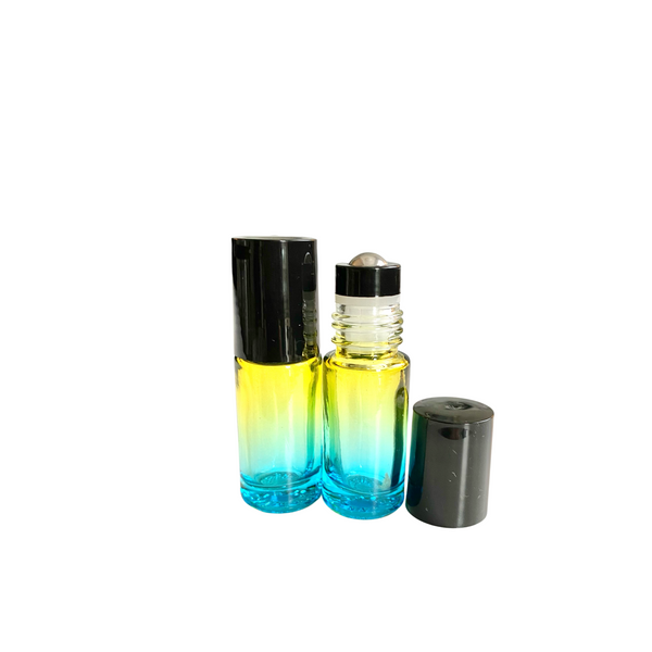 Glassflaske roll-on (rollerflaske) m/sort innsats 5 ml gradient gul-blå, 2-pakning