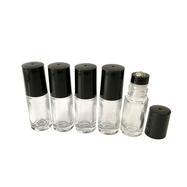 Glassflaske roll-on (rollerflaske) m/ sort innsats 5 ml, 5-pakning